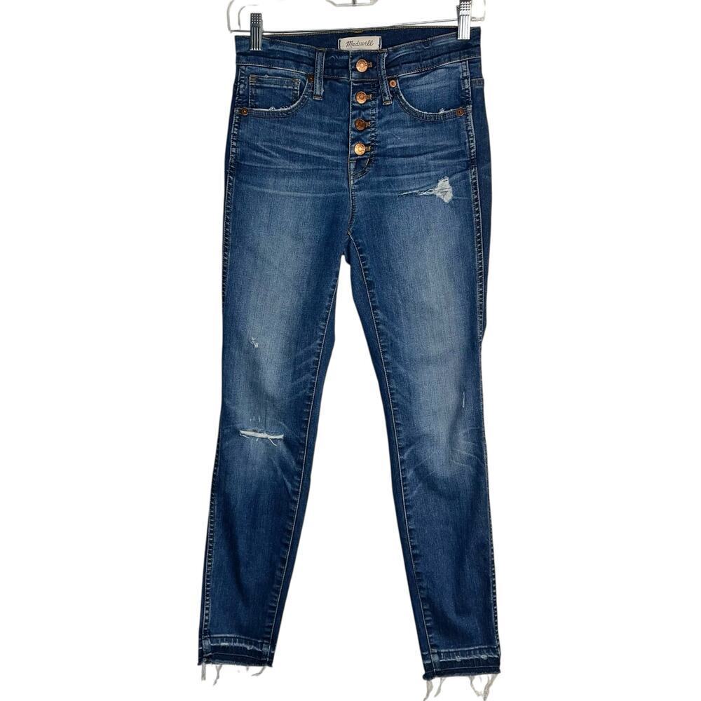 Madewell 10” High Rise Skinny Jeans Button Fly Distressed Blue Denim Size 25